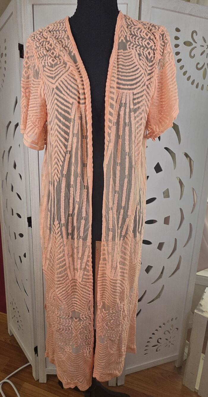 Maurice's Geometric Embroidered Mesh Duster Cardigan Boho Chic Western Size L